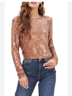 ASTR Rose Gold Sequin Long-Sleeve Crew Neck Top